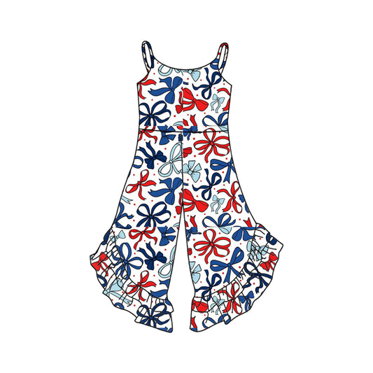 2.26(Custom Design Preorder MOQ 5) Red Blue Bows Print Girls Summer Jumpsuits