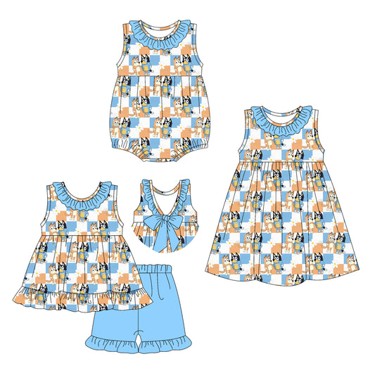 3.5(Custom Design Preorder MOQ 5 Each Design) Cartoon Dog Plaid Print Girls Summer Matching Clothes Sisters Wear