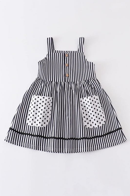 (Custom Design Preorder MOQ 5) Black Stripes Print Girls Knee Length Summer Dress