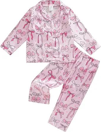 (Custom Design Preorder MOQ 5) Bows Pink Print Girls Fall Buttons Pajamas Clothes Set