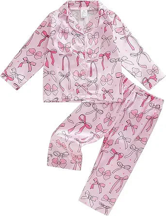 (Custom Design Preorder MOQ 5) Pink Bows Print Adult Pajamas Buttons Clothes Set