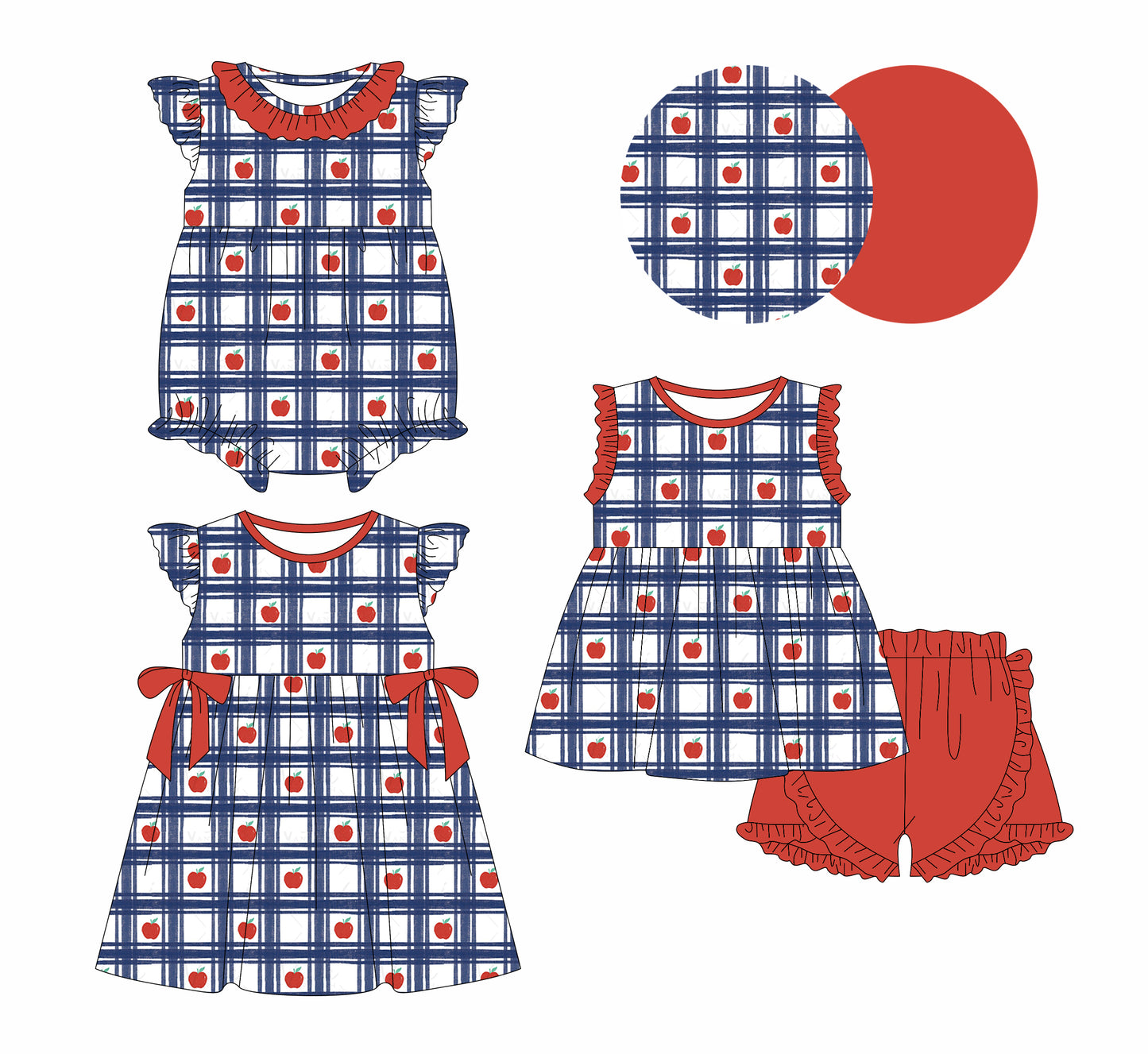 1.6(Custom Design Preorder MOQ 5 Each Design) Apple Plaid Print Girls Back to School Matching Clothes Sisters Wear