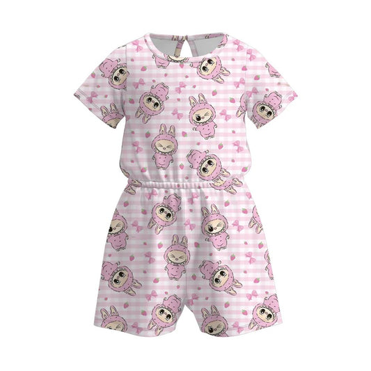 (Custom Design Preorder MOQ 5) Cartoon LABU* Strawberry Print Girls Summer Jumpsuits