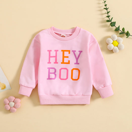 (Custom Design Preorder MOQ 5) HEY BOO Pink Print Girls Halloween Tee Shirts Top