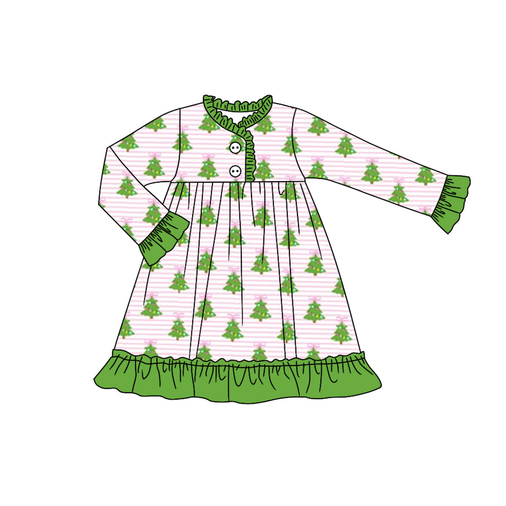 (Custom Design Preorder MOQ 5) Tree Print Girls Knee Length Christmas Pajamas Gown Dress