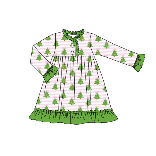 (Custom Design Preorder MOQ 5) Tree Print Girls Knee Length Christmas Pajamas Gown Dress