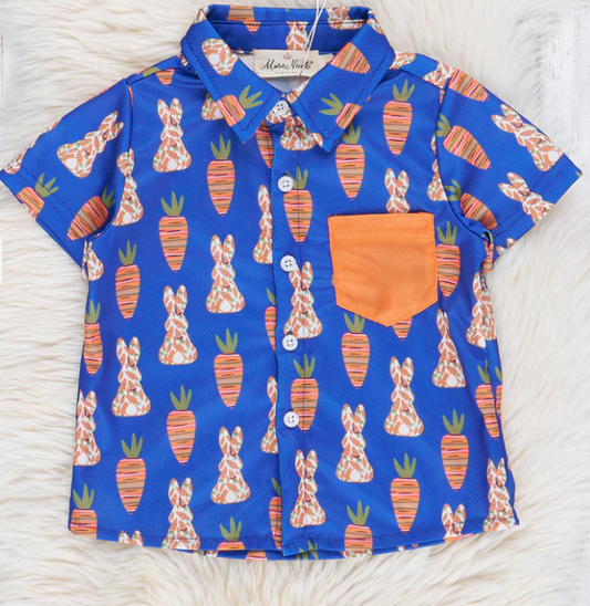 (Custom Design Preorder MOQ 5) Bunny Carrot Blue Print Pocket Boys Easter Tee Shirts Top
