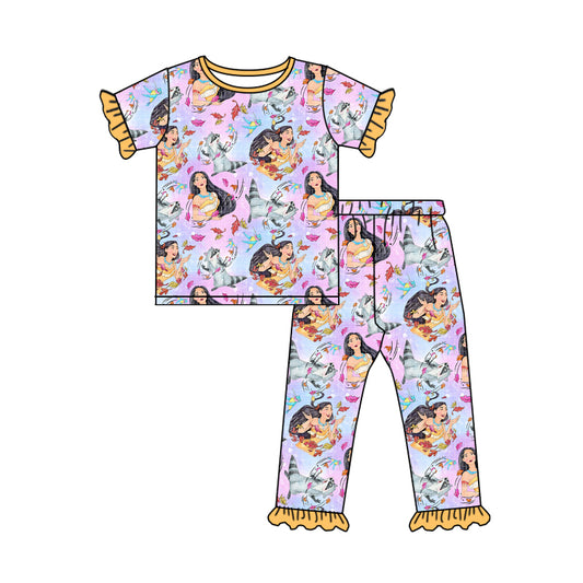 (Custom Design Preorder MOQ 5) Cartoon Princess Leaf Print Girls Pajamas Clothes Set