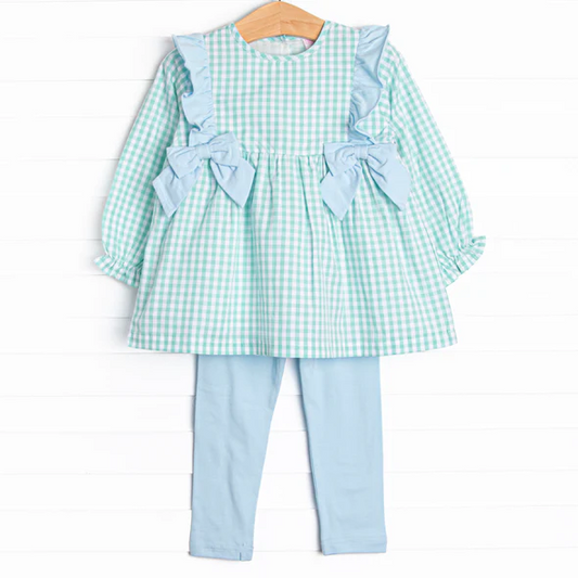 (Custom Design Preorder MOQ 5) Green Plaid Tunic Top Blue Pants Girls Fall Clothes Set