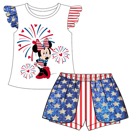 (Custom Design Preorder MOQ 5)  Cartoon Mouse Print Girls 4th of July Clothes Set