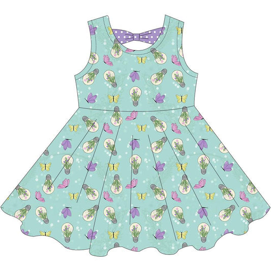 (Custom Design Preorder MOQ 5) Flowers Butterfly Print Girls Summer Knee Length Dress