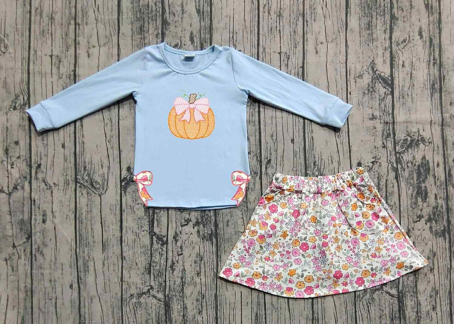 (Pre-order)GLD1172 Pumpkin Bows Blue Top Flowers Skirts Shorts Girls Fall Clothes Set
