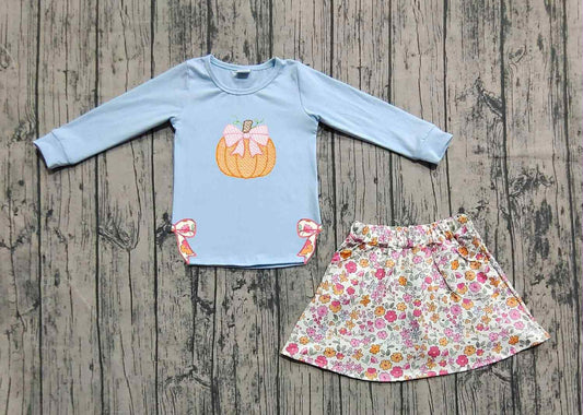 (Pre-order)GLD1172 Pumpkin Bows Blue Top Flowers Skirts Shorts Girls Fall Clothes Set
