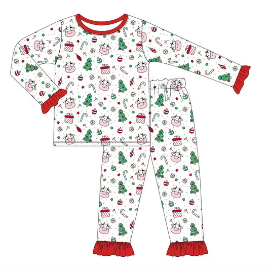 (Custom Design Preorder MOQ 5)  Cow Candy Cane Print Girls Christmas Pajamas Clothes Set