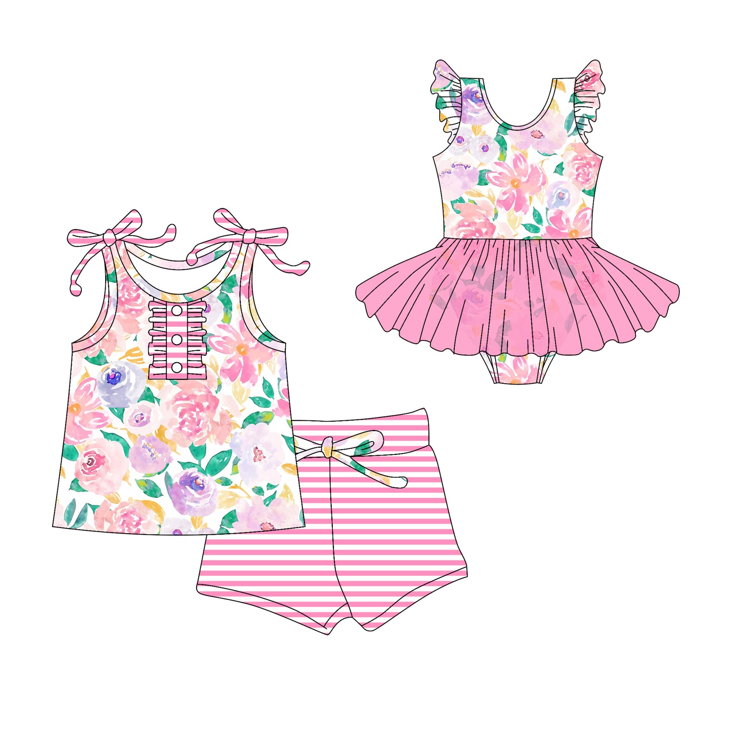 3.10(Custom Design Preorder MOQ 5 Each Design) Flowers Pink Print Girls Summer Matching Clothes Sisters Wear
