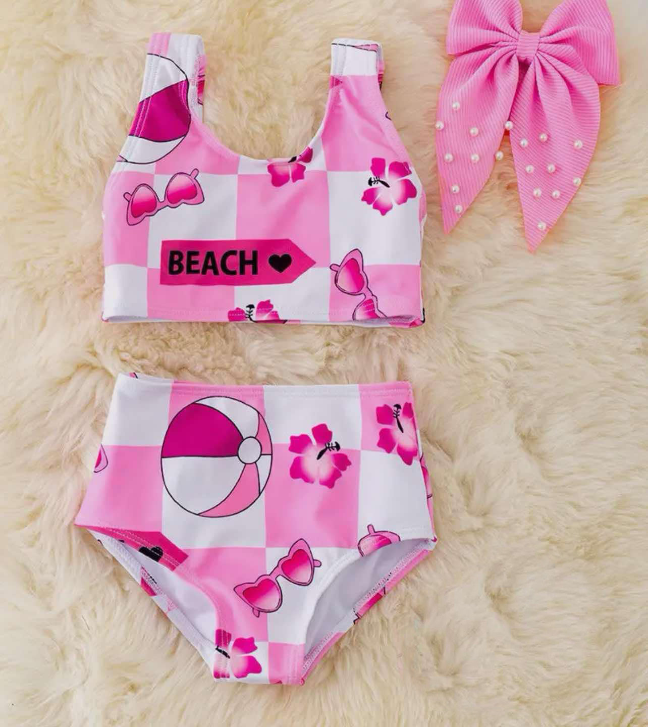 (Custom Design Preorder MOQ 5)  Flowers Pink Plaid Print Girls 2 Piece Swimsuits