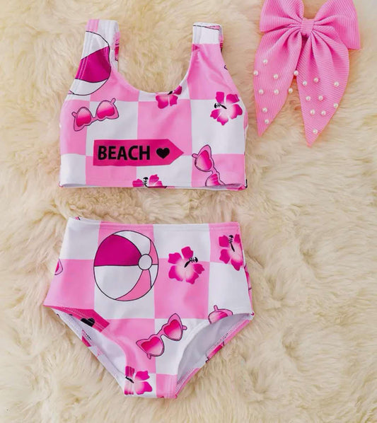 (Custom Design Preorder MOQ 5)  Flowers Pink Plaid Print Girls 2 Piece Swimsuits