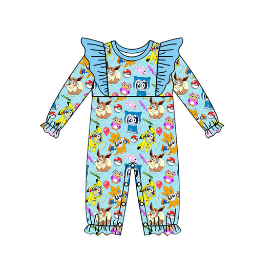 (Custom Design Preorder MOQ 5) Cartoon Animals Blue Print Baby Girls Fall Romper