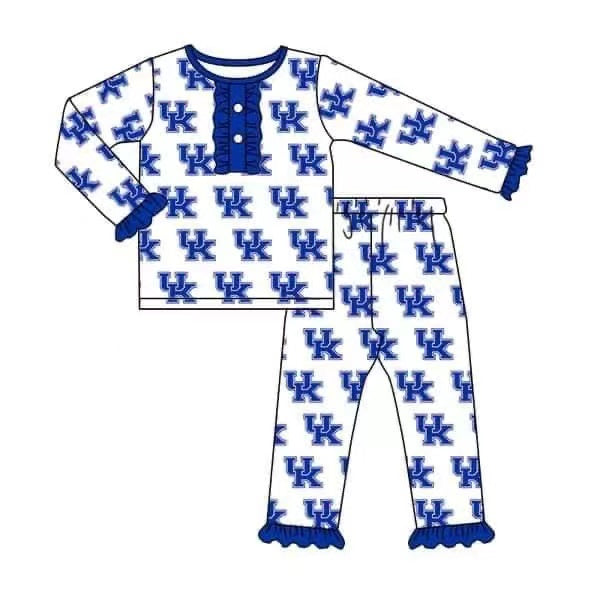 (Custom Design Preorder MOQ 5)Blue UK Football Team's Print Girls Pajamas Clothes Set