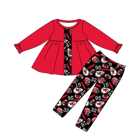 (Custom Design Preorder MOQ 5) Red Tunic Top Team's KC Black Pants Girls Fall Clothes Set