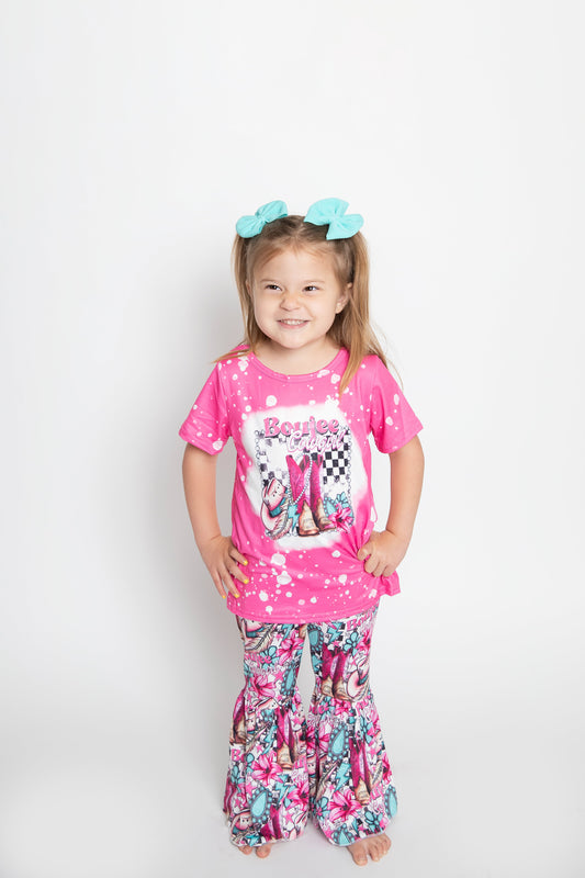 GSPO1293 Pink Boots Hat Flowers Cowgirl Print Girls Western Clothes Set