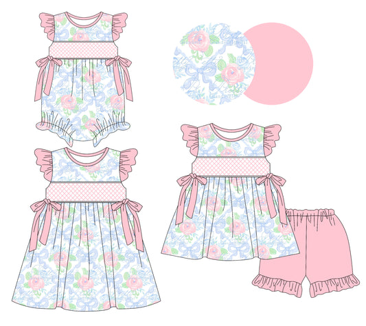 3.8(Custom Design Preorder MOQ 5 Each Design) Flowers Pink Bows Print Girls Summer Matching Clothes Sisters Wear