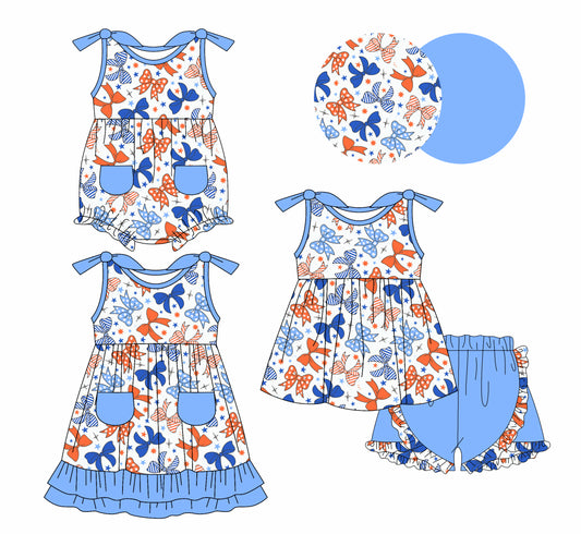 1.7(Custom Design Preorder MOQ 5 Each Design) Red Blue Bows Print Girls 4th of July Matching Clothes Sisters Wear