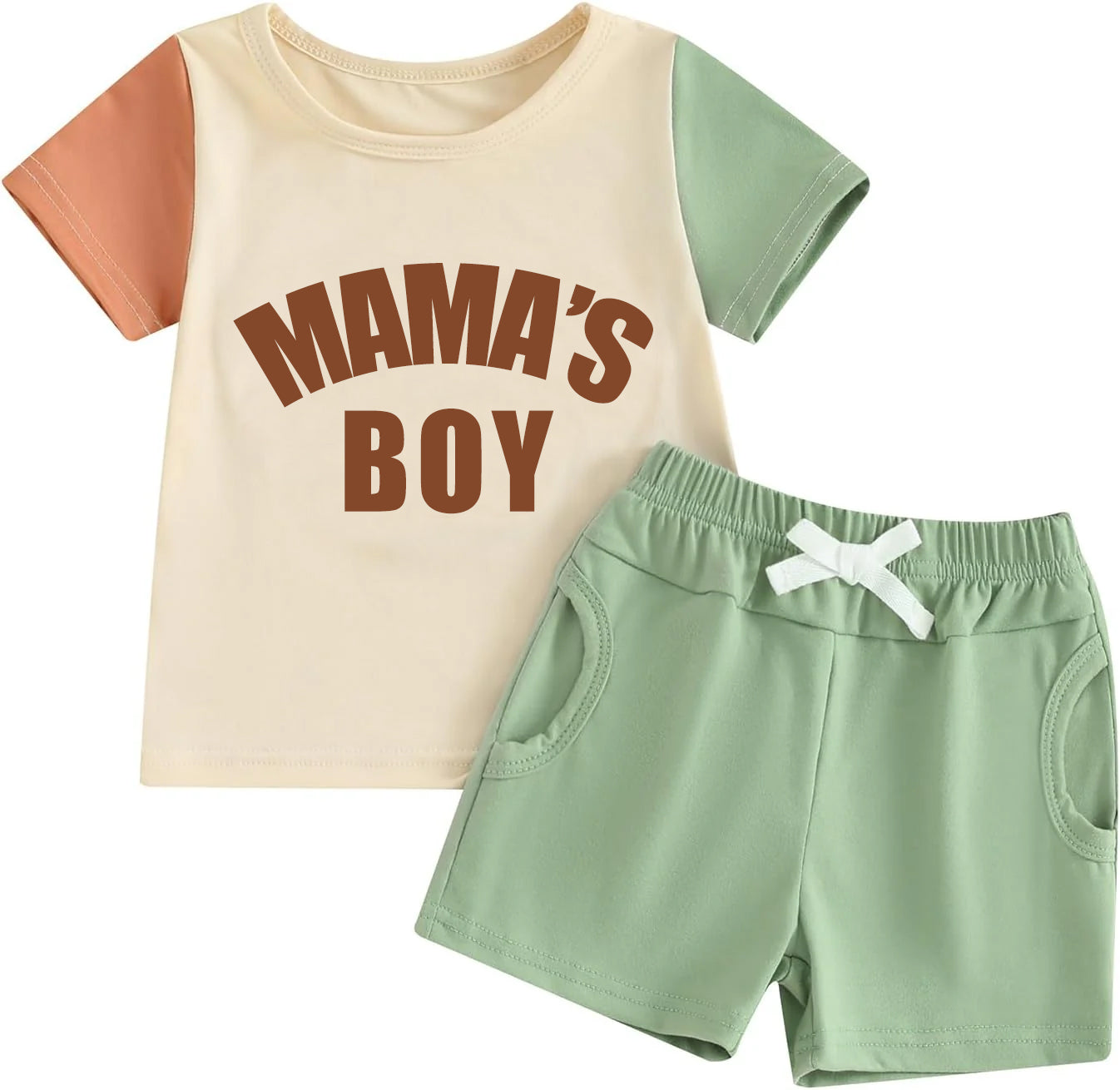 (Custom Design Preorder MOQ 5) MAMA'S BOY Top Green Pockets Shorts Boys Summer Clothes Set