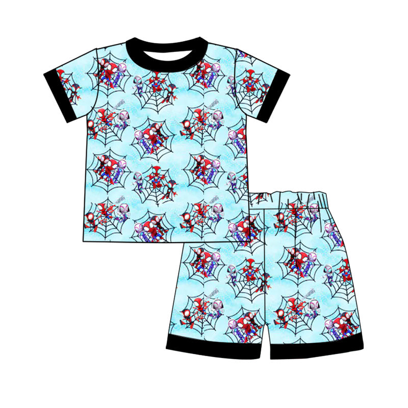 (Custom Design Preorder MOQ 5) Cartoon Spider Web Print Shorts Boys Summer Pajamas Clothes Set