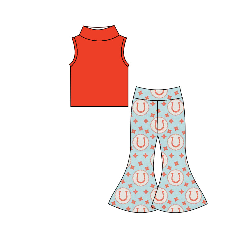 (Custom Design Preorder MOQ 5) Red Top Stars Bell Pants Girls Western Clothes Set