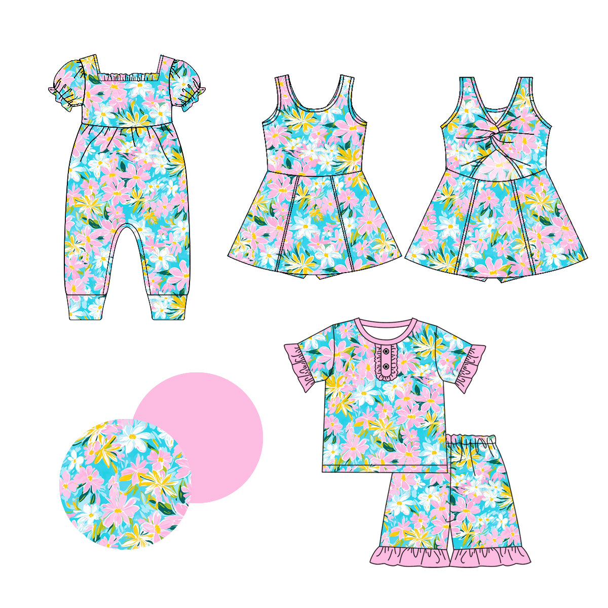 1.4(Custom Design Preorder MOQ 5 Each Design) Flowers Print Girls Summer Matching Clothes Sisters Wear