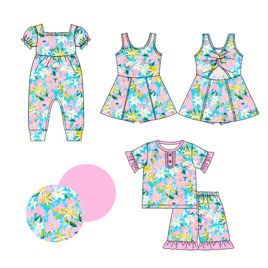 1.4(Custom Design Preorder MOQ 5 Each Design) Flowers Print Girls Summer Matching Clothes Sisters Wear