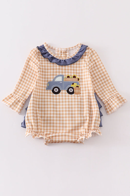 (Custom Design Preorder MOQ 5) Truck Sunflowers Print Baby Girls Fall Romper