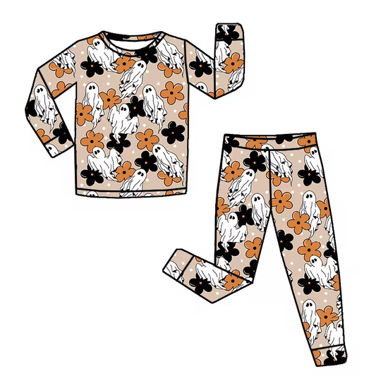 (Custom Design Preorder MOQ 5) Ghost Flowers Print Girls Halloween Pajamas Clothes Set