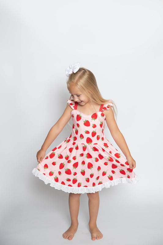 GSD1273  Strawberry Print Girls Knee Length Summer Dress