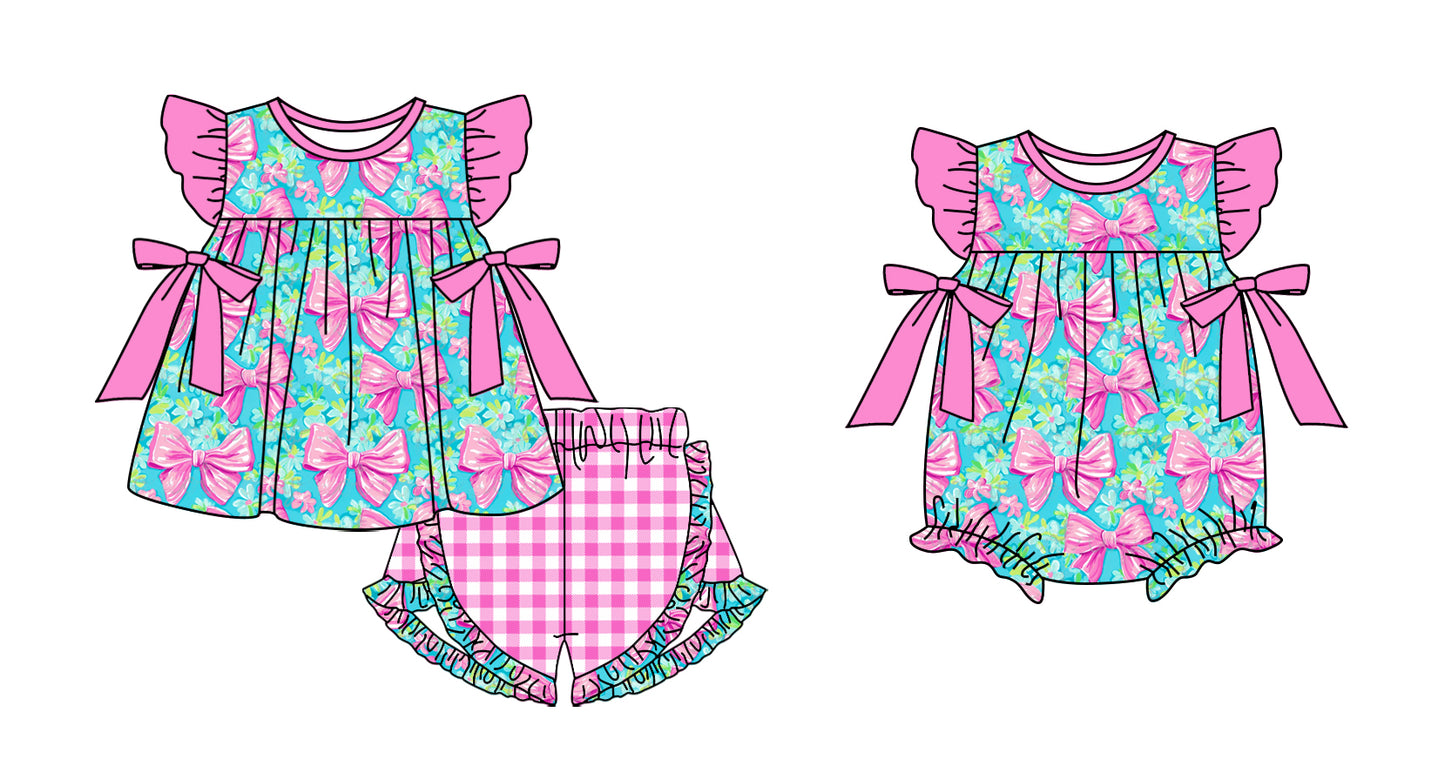 11.12(Custom Design Preorder MOQ 5 Each Design) Flowers Pink Bows Print Girls Summer Matching Clothes Sisters Wear