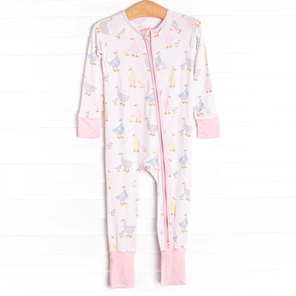 (Custom Design Preorder MOQ 5)  Duck Pink Print Baby Girls Fall Bamboo Sleeper Zipper Romper