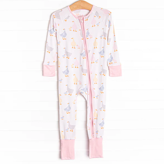 (Custom Design Preorder MOQ 5)  Duck Pink Print Baby Girls Fall Bamboo Sleeper Zipper Romper