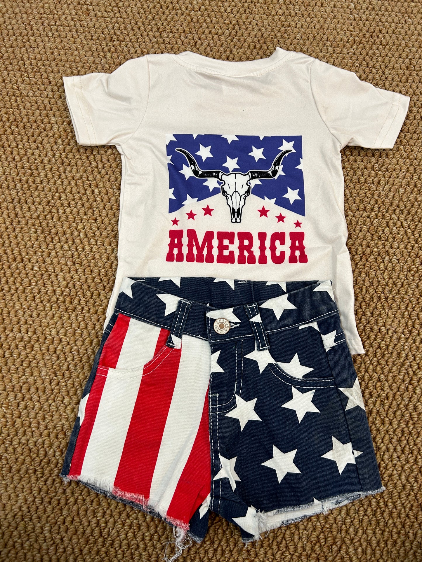 GT0465+SS0168+GB0007 Cow Skull America Top Star Red Stripes Denim Shorts Girls 3 Pieces 4th of July Outfits