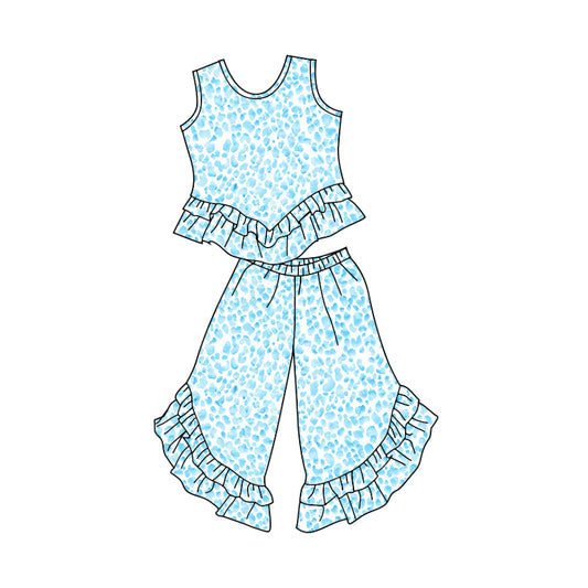 (Custom Design Preorder MOQ 5) Blue Leopard Sleeveless Top Ruffles Pants Girls Clothes Set
