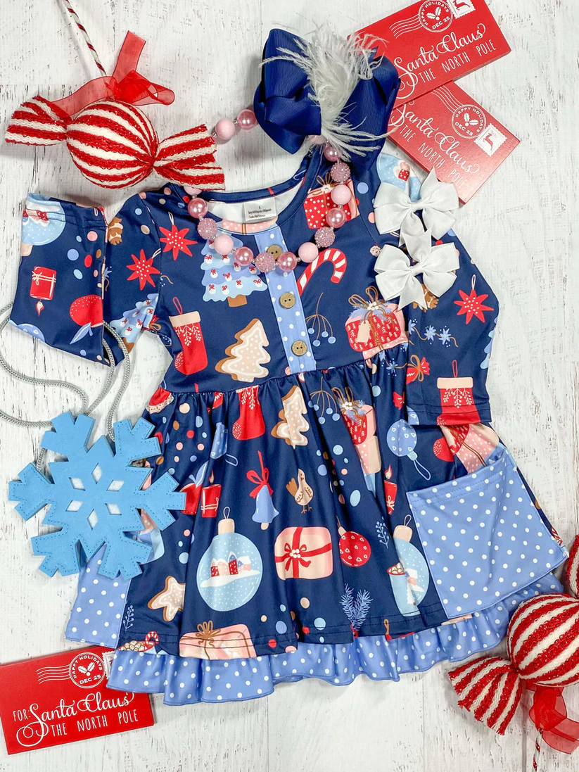 (Custom Design Preorder MOQ 5) Christmas Blue Print Girls Knee Length Long Sleeve Dress