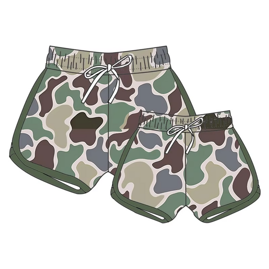 (Custom Design Preorder MOQ 5 Each Design) Green Camo Print Summer Bottom Sports Shorts Mom and Me Matching Clothes