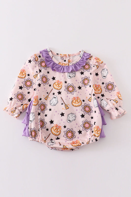 (Custom Design Preorder MOQ 5) Ghost Pumpkin Flowers Print Baby Girls Halloween Romper