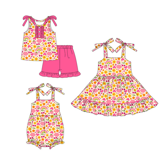 12.22 (Custom Design Preorder MOQ 5 Each Design) Strawberry Flowers Rainbow Print Girls Summer Matching Clothes Sisters Wear