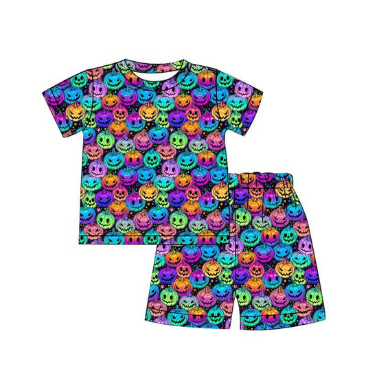 (Custom Design Preorder MOQ 5) Colorful Pumpkin Print Kids Halloween Bamboo Pajamas Clothes Set