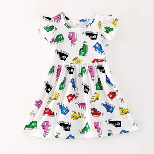 (Custom Design Preorder MOQ 5) Colorful Shoes Print Girls Summer Knee Length Dress