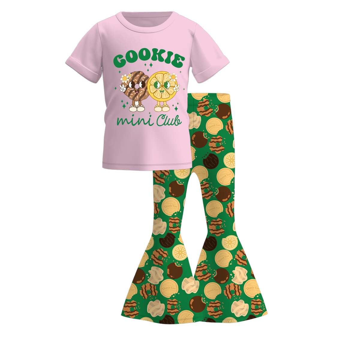 (Custom Design Preorder MOQ 5) Cookie Top Green Bell Pants Girls Clothes Set