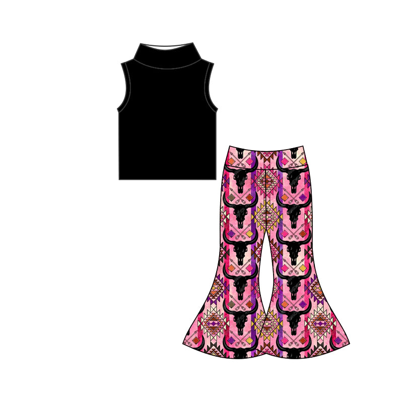 (Custom Design Preorder MOQ 5) Black Top Aztec Bell Pants Girls Western Clothes Set