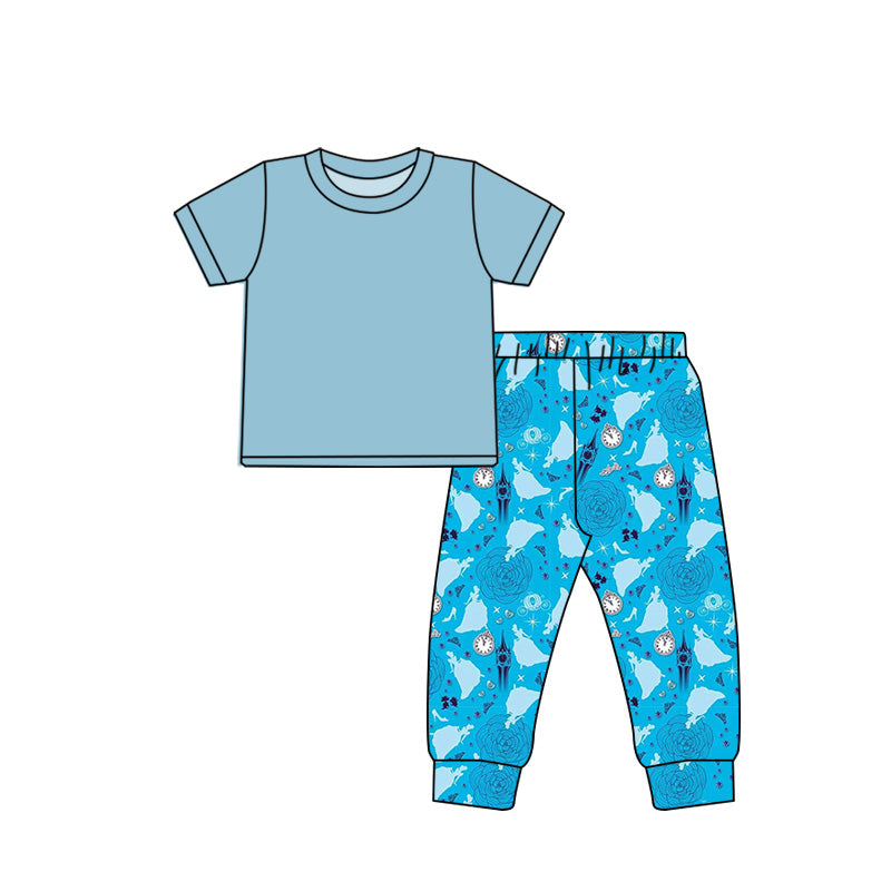 (Custom Design Preorder MOQ 5) Blue Top Cartoon Princess Glass Slippers Pants Girls Clothes Set