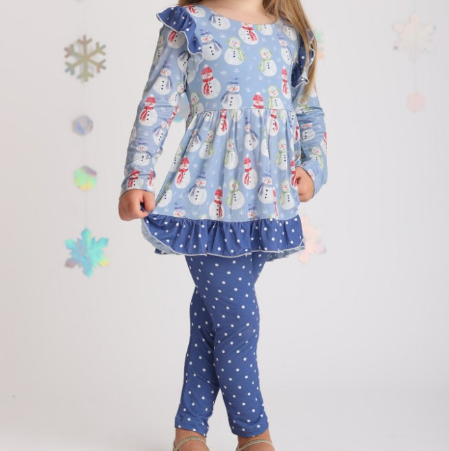 (Custom Design Preorder MOQ 5) Snowman Tunic Top Dots Pants Girls Christmas Clothes Set